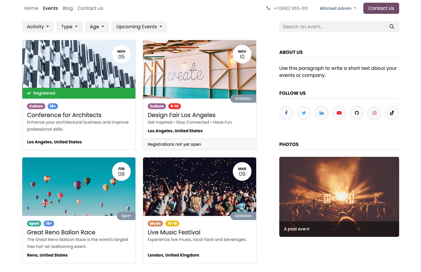 Interface d'Odoo Événements